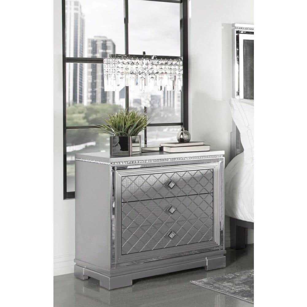 Eleanor Silver Metallic 2-Drawer Nightstand with Crystal Accents
