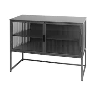 43.31 in. W x 15.75 in. D x 35.63 in. H Gray Linen Cabinet Fluted Glass Sideboard Detachable Wide Shelves