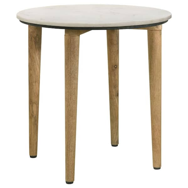 Benjara 22 in. White, Brown and Gray Round Marble End Table with Wooden Frame