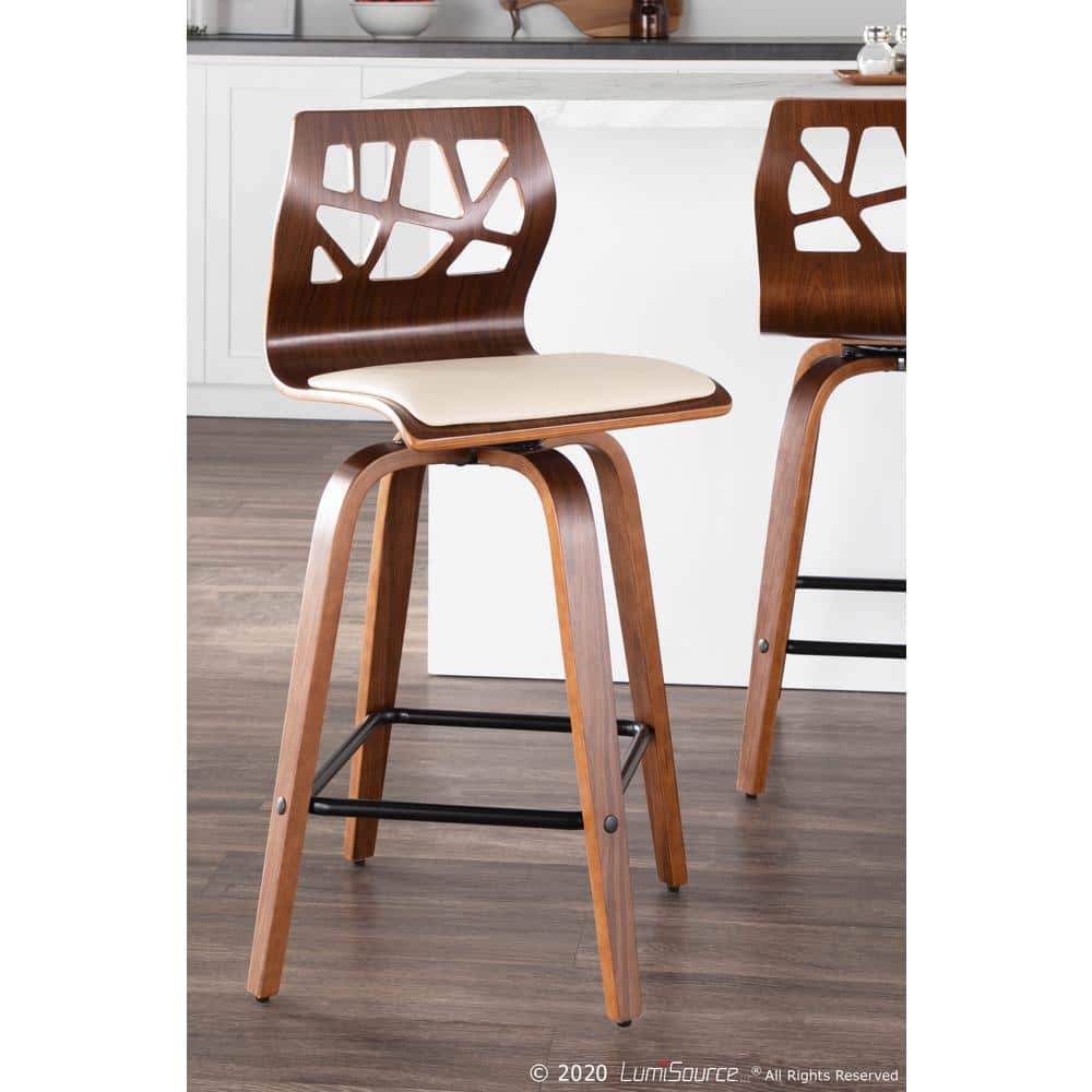 Mid-Century Modern Cream Leather Walnut Swivel Counter Stool - Set of 2