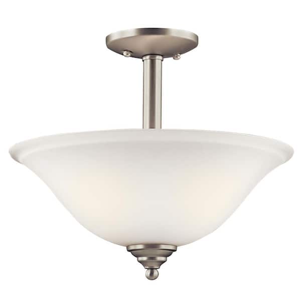 Wynberg 15.25 in. 2-Light Brushed Nickel Transitional Shaded Kitchen Convertible Pendant Hanging Light to Semi-Flush