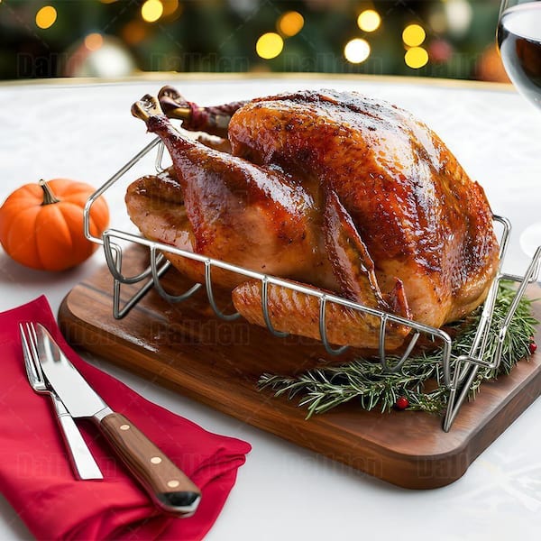 Stainless Steel Dual-Function Roasting Rack with Elevated Airflow for Smoking or Roasting Turkey or 6 Ribs
