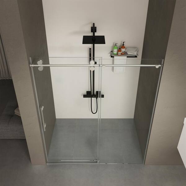ANGELES HOME 60 in. W x 76 in. H Sliding Frameless Shower Door in Chrome Finish with Clear Glass 3/8 in. (10mm) Tempered and Buffer