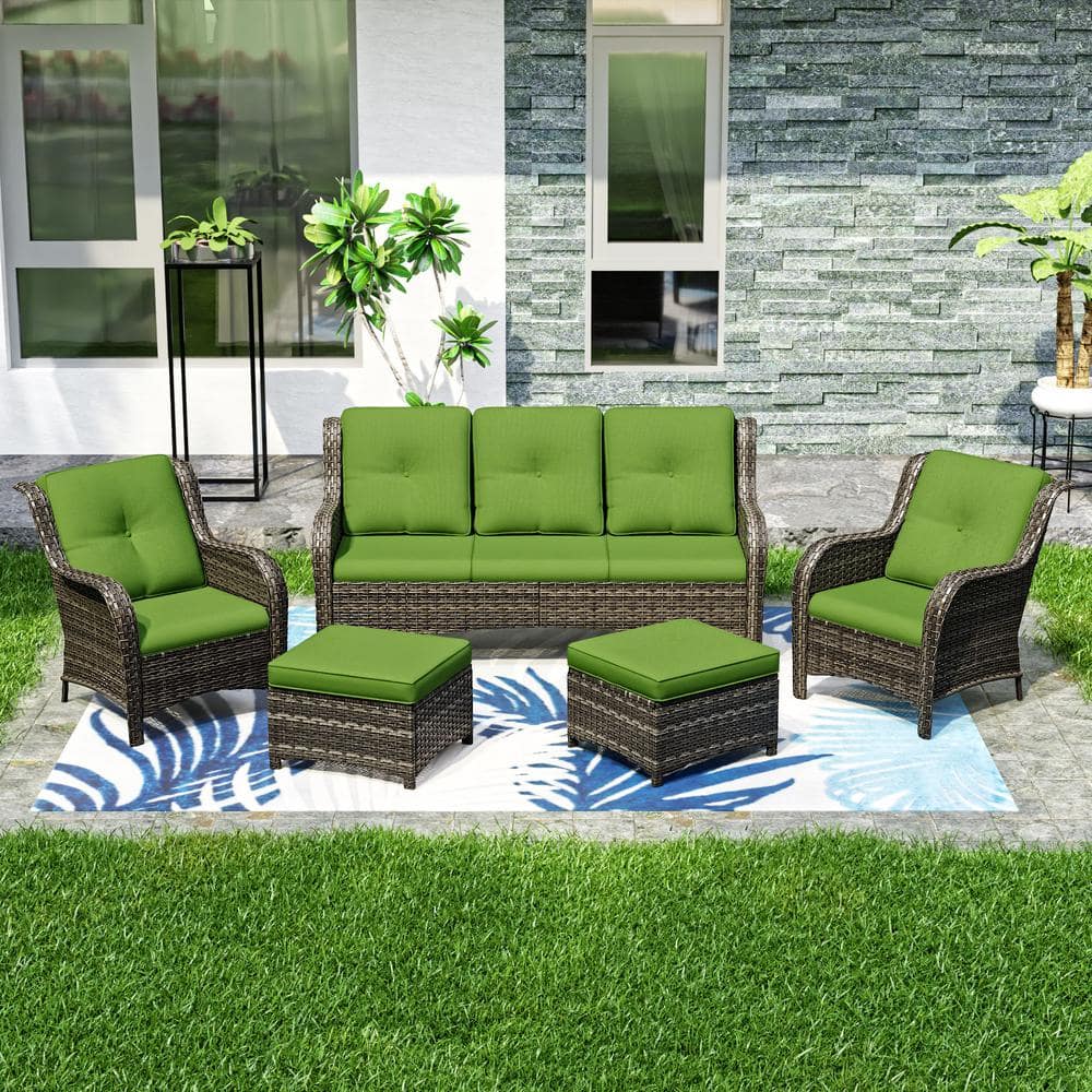 5-Piece Green Cushioned Wicker Patio Conversation Set