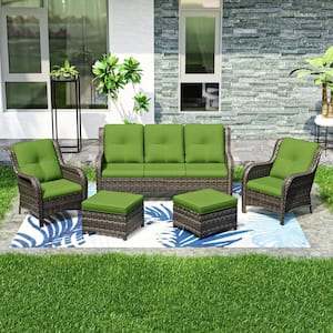 5-Piece Wicker Outdoor Patio Seating Conversation Set Sectional Sofa with Green Cushions