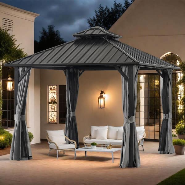 10 ft. x 10 ft. Outdoor Aluminum Hardtop Gazebo with Metal Double Roof Pergola, Netting, and Curtain