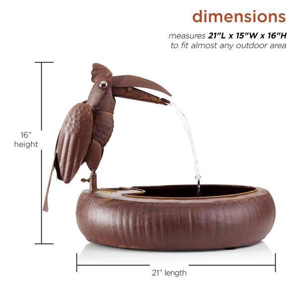 Alpine Corporation - 16 in. Tall Indoor/Outdoor Rustic Metal Toucan Water Fountain Yard Statue Decoration, Brown