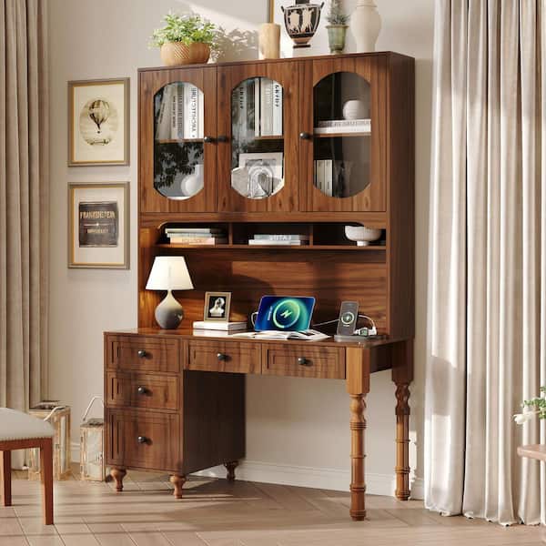 47.24 in Walnut Brown Computer Desk with 5 Drawers, Charging Ports, Bookshelf and Hutch Cabinet