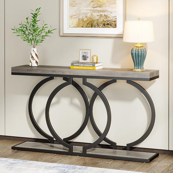 Turrella 55 in. Black Rectangle Faux Marble Console Table, Modern Entryway Table Narrow Long Sofa Table, Oak Gray