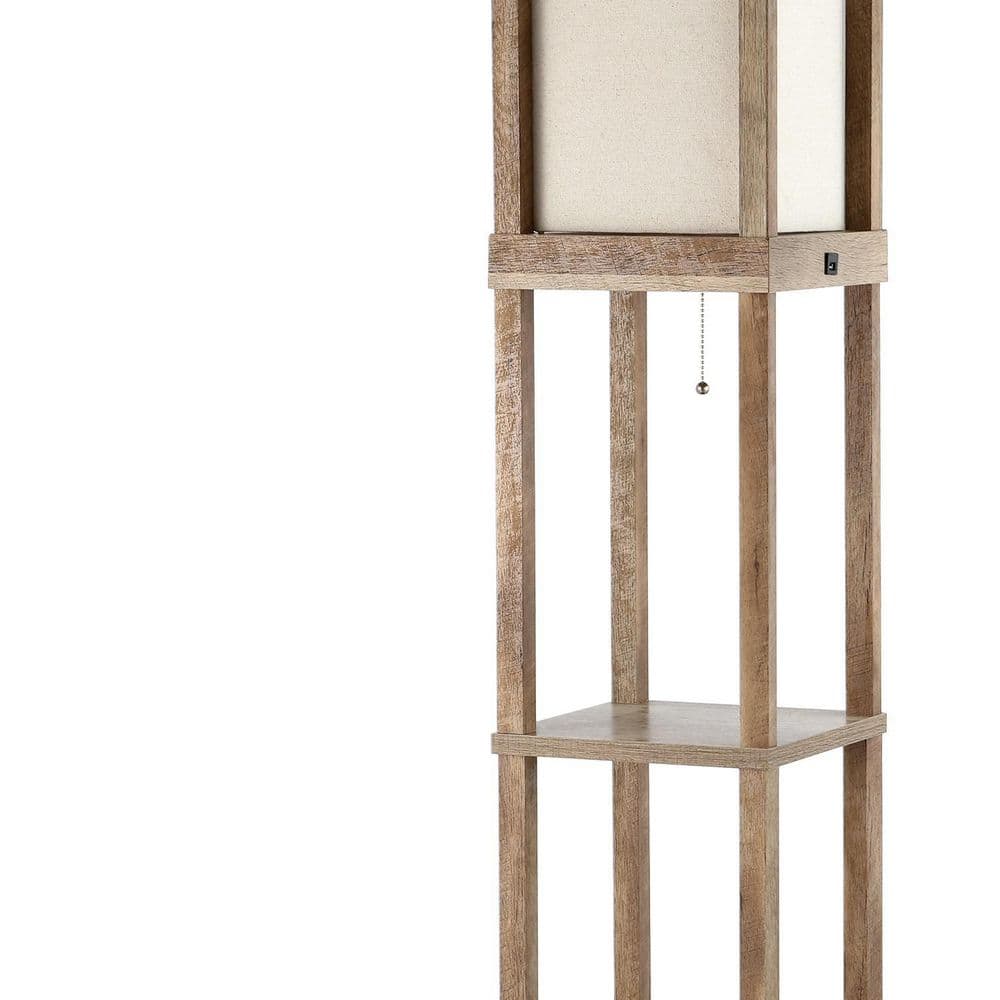 63.5" Beige Wooden 3-Shelf Floor Lamp with USB Port