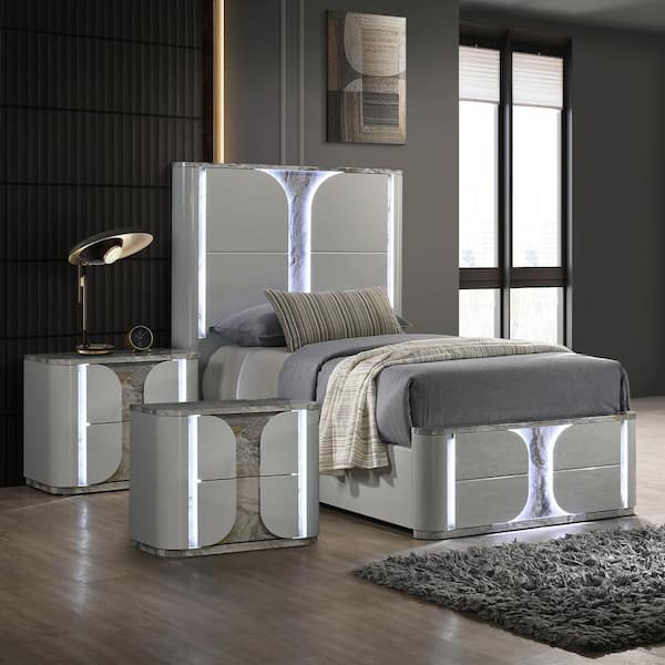 Wells 3-Piece Light Gray Wood Frame Twin Platform Bedroom Set with 2 Nightstands and LED Headboard