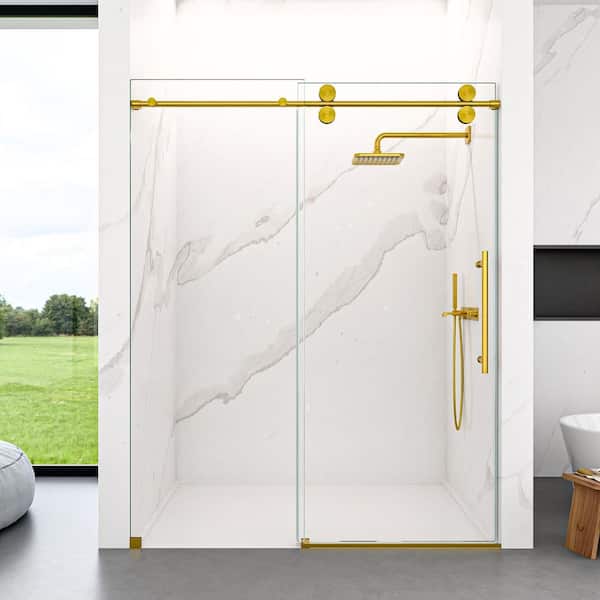 60 in. W x 72 in. H Frameless Single Sliding Shower Door in Brushed Gold With 5/16 in. Clear Tempered Glass