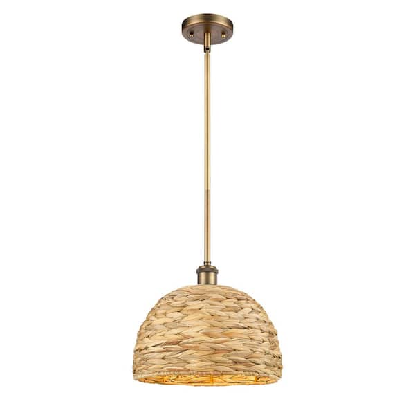 Innovations Woven Rattan 100-Watt 1-Light Brushed Brass Shaded Mini Pendant Light with Rattan Shade