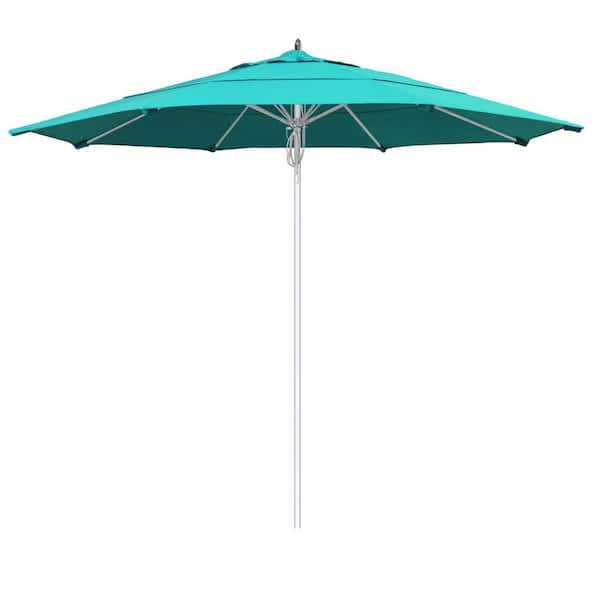 California Umbrella 11 ft. Silver Aluminum Commercial Market Patio Umbrella Fiberglass Ribs and Pulley lift in Aruba Sunbrella