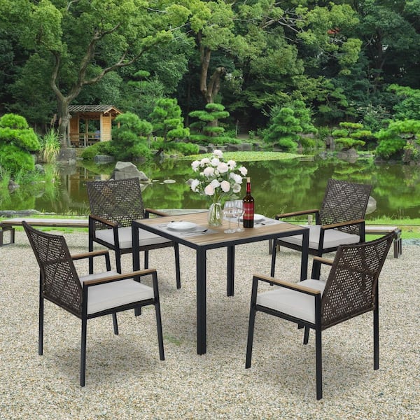 Dark Brown All Weather 5-Piece Wicker Outdoor Dining Table Sets with Umbrella Hole, Gray Cushions