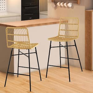 27 in. Natural Rattan Bar Stools Counter Height Dining Chairs with Metal Legs Set of 2