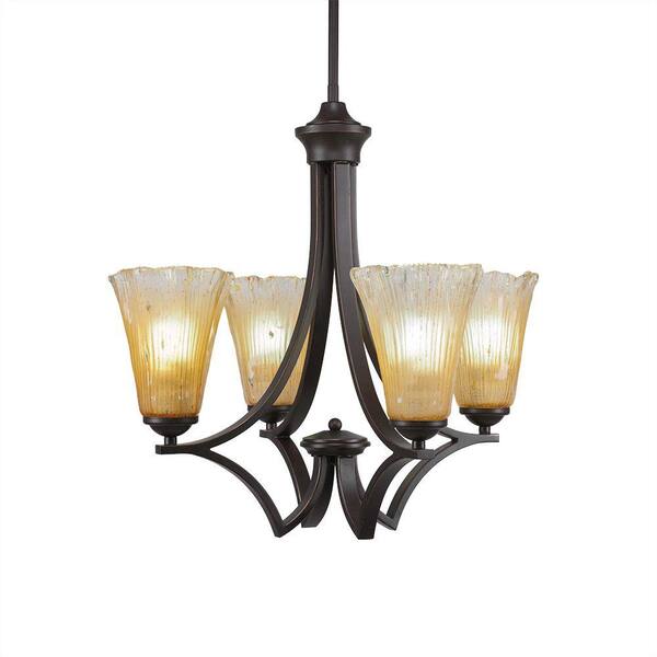 Unbranded Clevelend 4-Light Dark Granite Round Chandelier with 5.5 in. Fluted Amber Crystal Glass Shades, No bulbs included