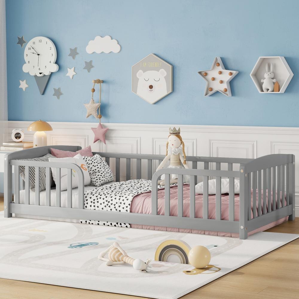 Grey Twin Size Wood Floor Fence Bed with Central Entrance and Guardrails
