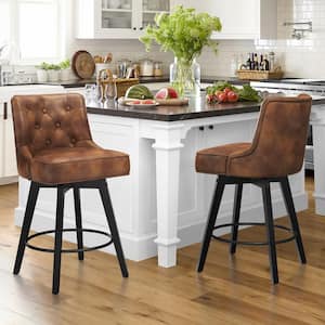 Roman 26.5 in. Brown Faux Leather Solid Wood Leg Counter Height Swivel Bar Stool With Back（Set of 2）