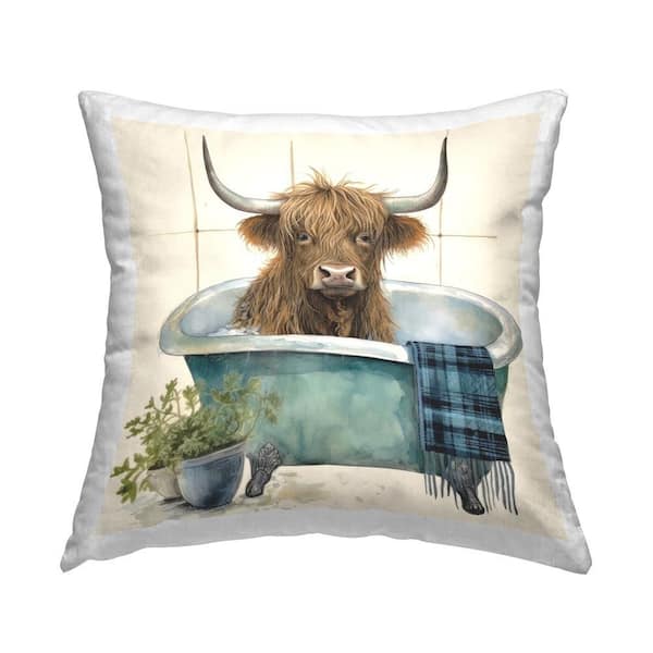Stupell Industries Bathing Highland Cattle Brown Print Polyester 18 in. x 18 in. Throw Pillow