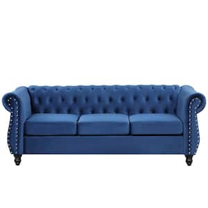 64 in. Square Arm Polyester Rectangle Sofa with Solid Wood Legs and Buttoned Tufted Backrest in Blue