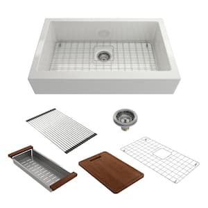 Nuova Pro 34 in. Drop-In Short Apron Front Single Bowl White Fireclay Kitchen Sink Kit w/Grid Strainer and Accessories