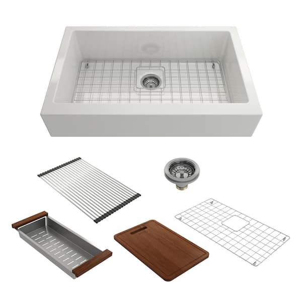 BOCCHI Nuova Pro 34 in. Drop-In Short Apron Front Single Bowl White Fireclay Kitchen Sink Kit w/Grid Strainer and Accessories