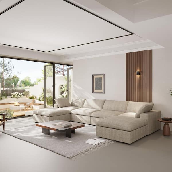 160.5 in. Square Arm Linen 6-Piece U Shaped Free Combination Modular Sectional Sofa with Ottomans in. Brown