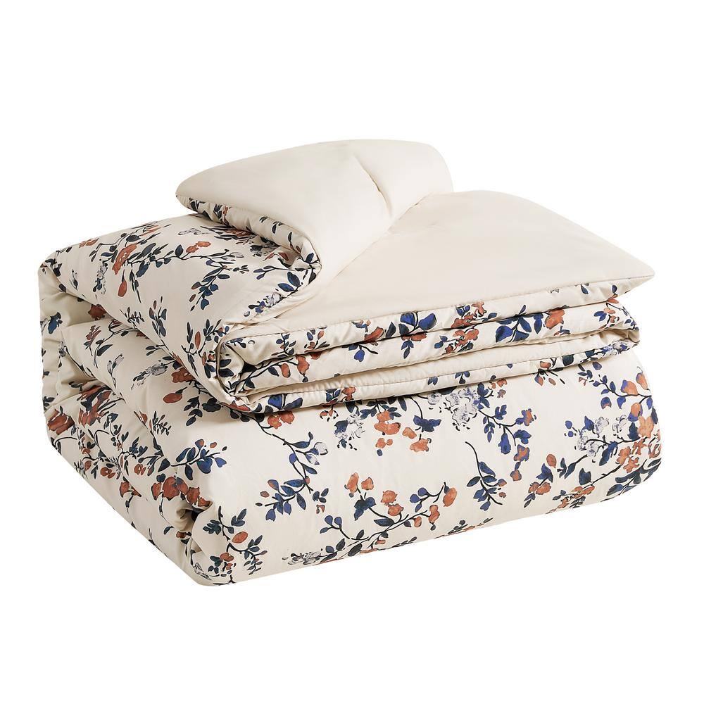 Twin Beige Floral Microfiber Reversible Comforter Set
