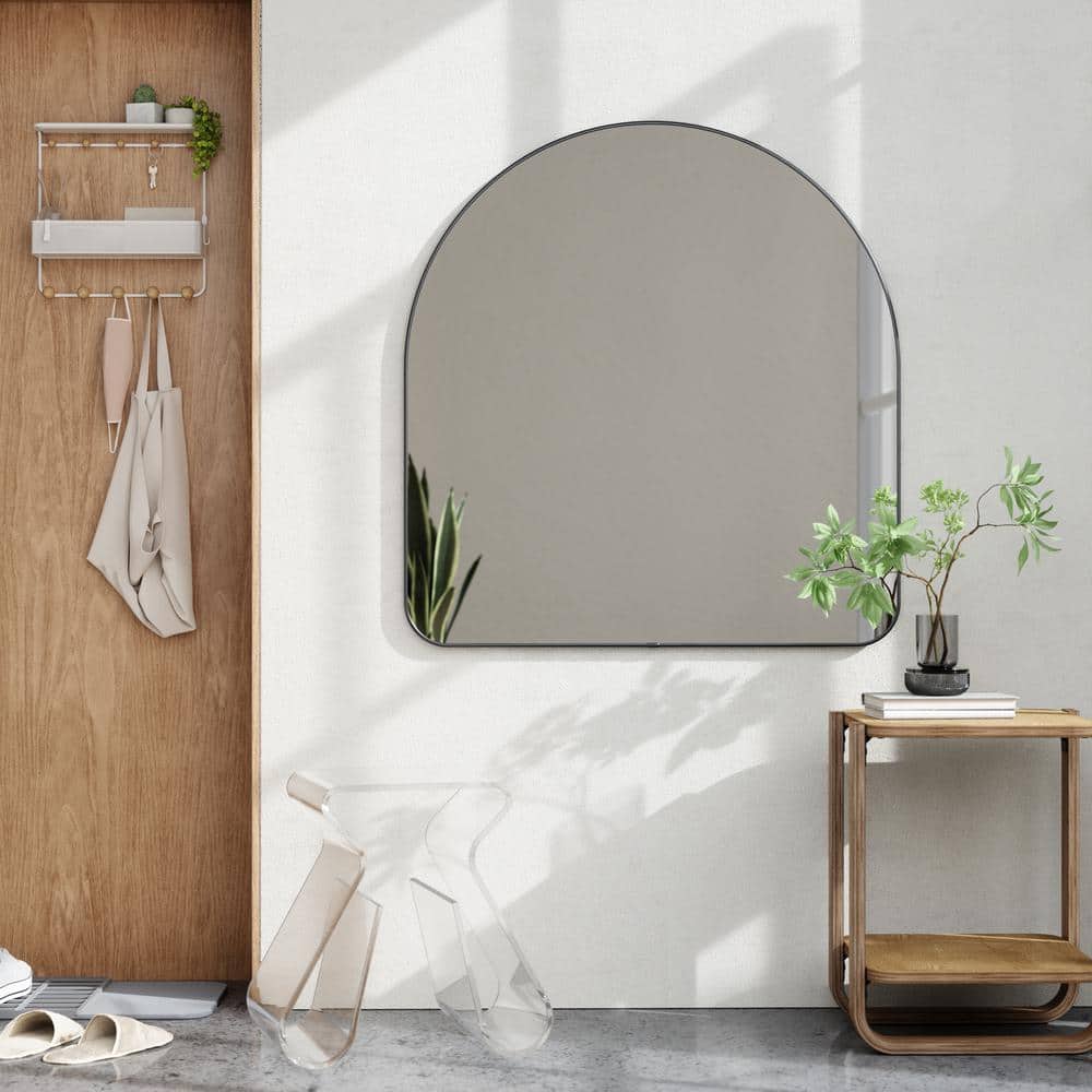 Metallic Titanium Arched Wall Mirror with Thin Rim