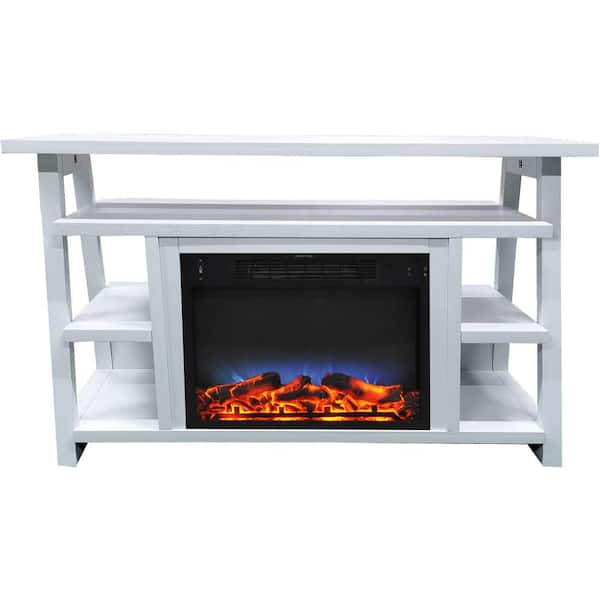 Hanover Industrial Chic 53.1 in. W Freestanding Electric Fireplace TV Stand in White with Enhanced Log Display