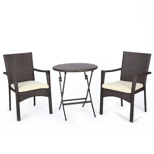 Tunearary Brown 3-Piece Wicker Outdoor Bistro Set with Cream Cushion