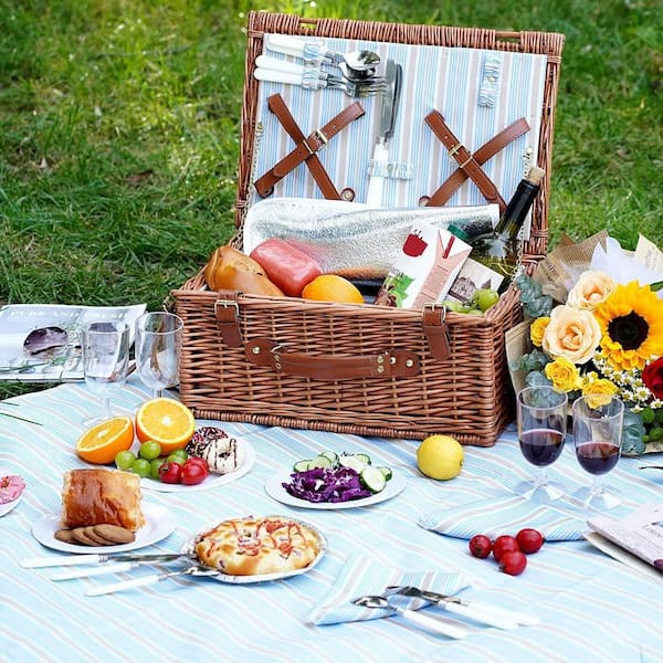 Numhew Brown Wicker Picnic Basket with Insulated Cooler