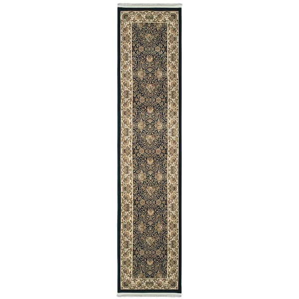 2 ft. x 10 ft. Navy Blue, Ivory Oriental Washable Area Rug