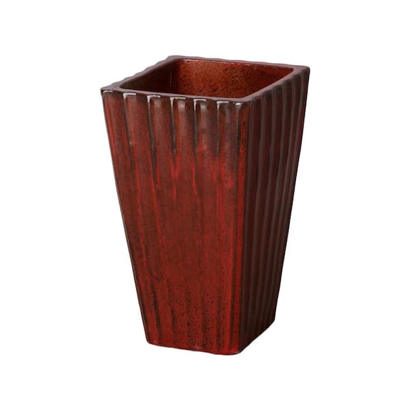 Fluted 13 in. L x 20 in. H Tropical Red Ceramic Square Planter with Drainage Hole