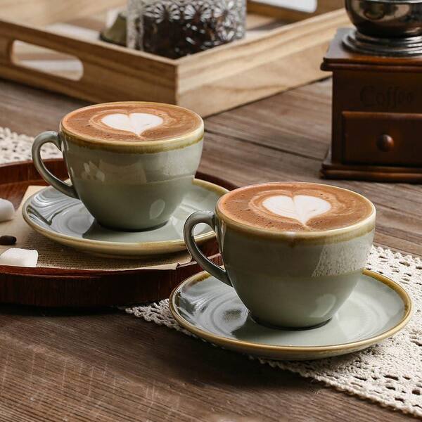 Wudkey Semi Manual 11.2 oz. Light Cyan Blue Porcelain Coffee and Tea Cup Set (Set of 4)