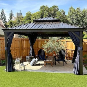 12 ft. x 12 ft. Patio Outdoor Gazebo for Backyard Hardtop Galvanized Steel Frame with Balls, Navy Blue