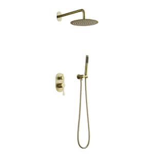 2-Handle 2-Spray Patterns 10 in. Wall Mount Rain Fixed Shower Faucet in Brushed Gold (Valve Included)