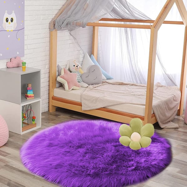 Sheepskin Faux Fur Purple 4 ft. x 4 ft. Cozy Furry Rugs Round Area Rug