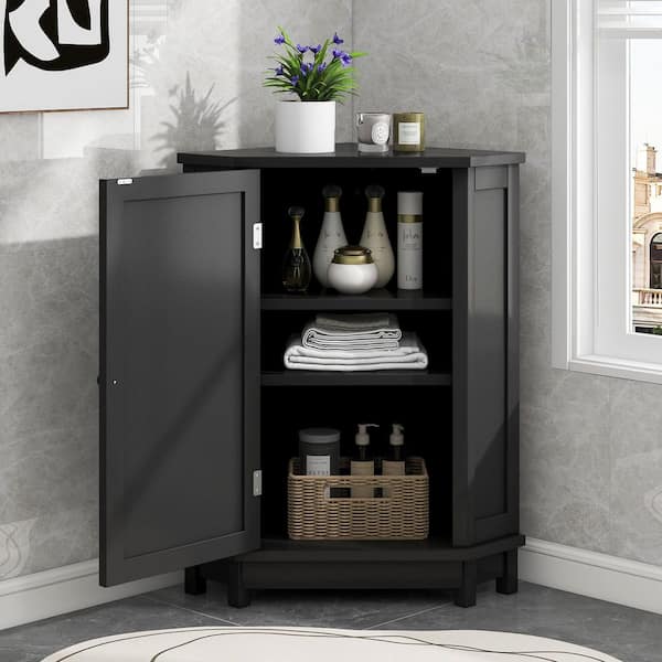 17.5 in. W x 17.5 in. D x 31.4 in. H Black Wood Triangle Corner Linen Cabinet with Adjustable Shelf