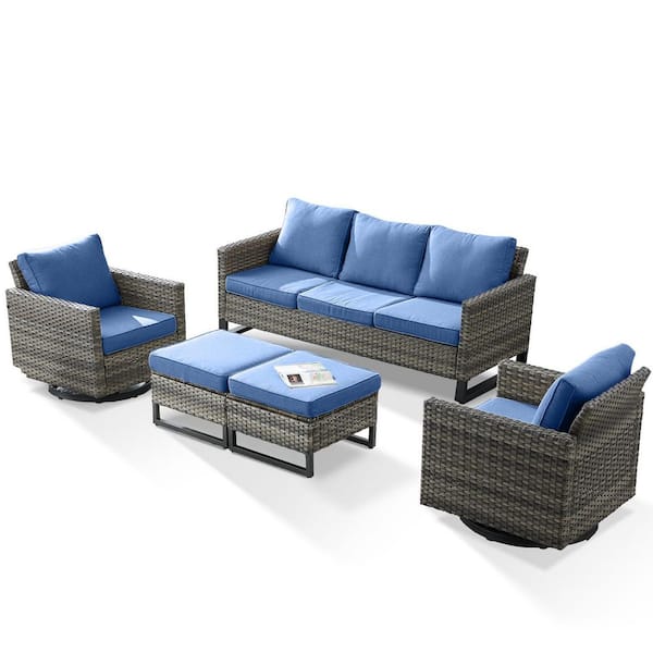 Carlos Blue 5-Piece All-Weather Gray Wicker Outdoor Sectional Set with 3-Seat Sofa and Ottomans