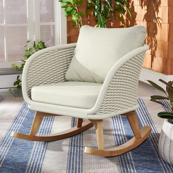 Wicker Indoor Outdoor Rocking Chair with Beige Cushions and Durable ...