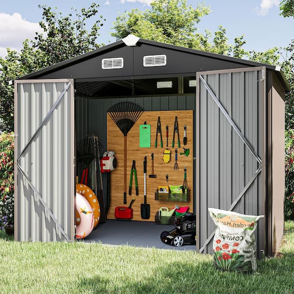 8 ft. W x 6 ft. D Metal Storage Shed with Plastic Floor, Double Door, Air Vents, Brown (42 sq. ft. )