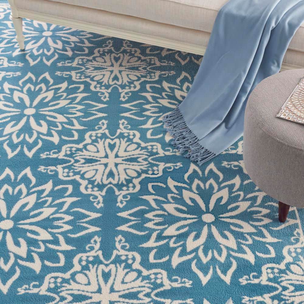 Elegant Ivory & Blue Floral Viscose 7'10" x 9'10" Area Rug