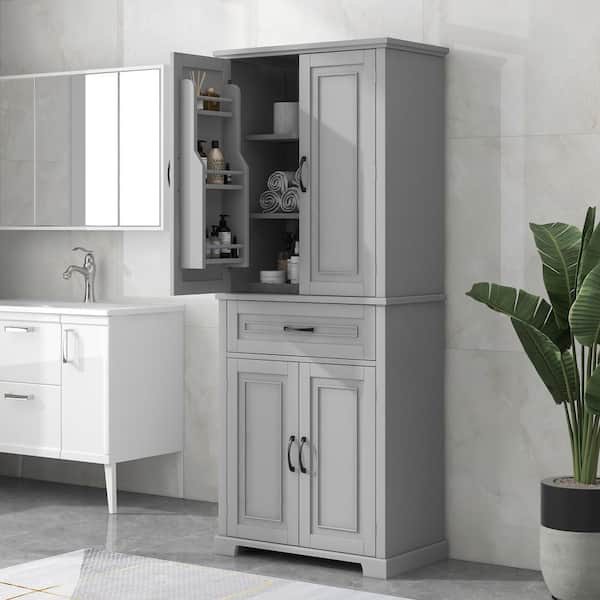 Unbranded 29.9 in. W x 15.7 in. D x 72.2 in. H Gray Linen Cabinet with Doors and Drawer, Multiple Storage Space Adjustable Shelf