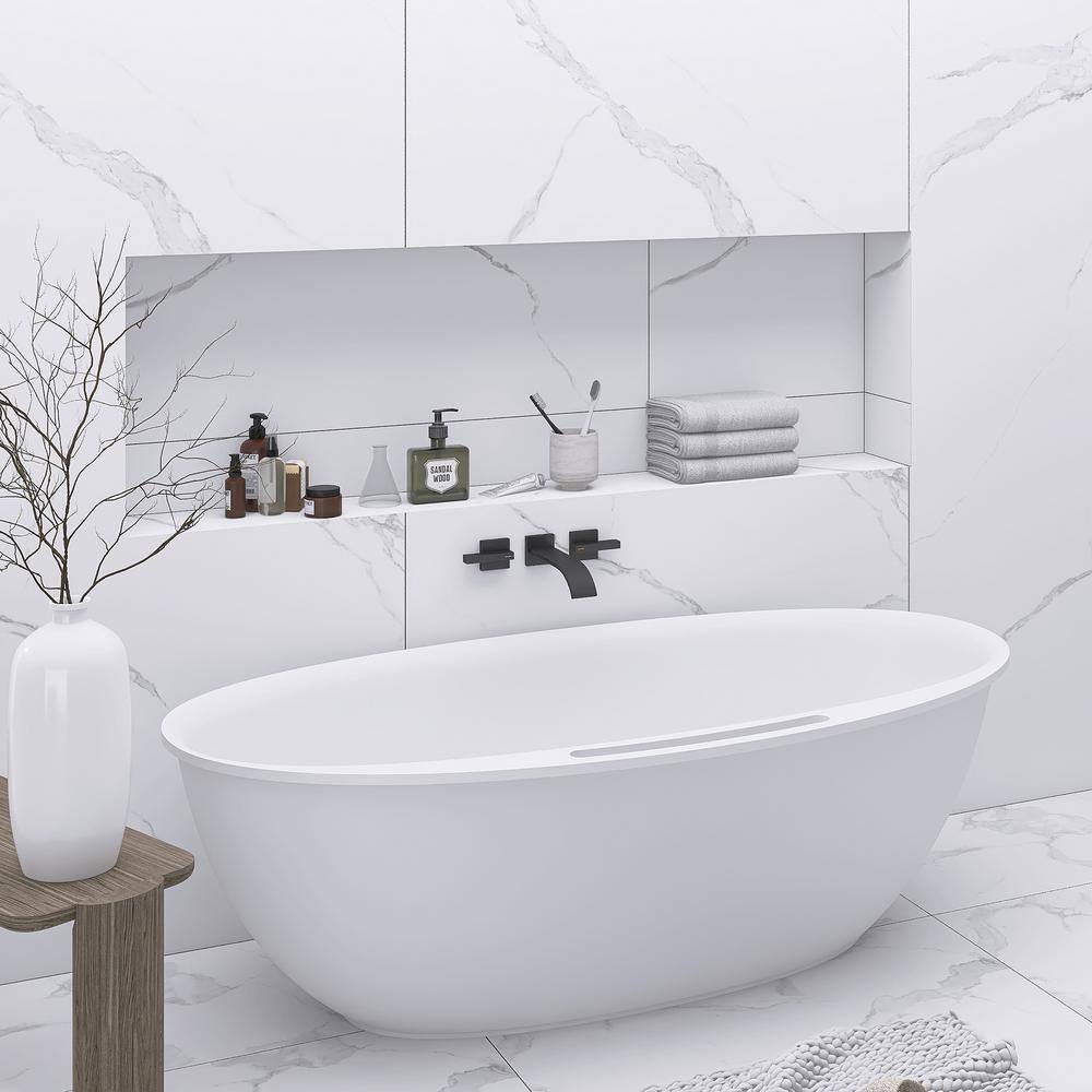 63 in. Matte White Solid Surface Freestanding Soaking Bathtub