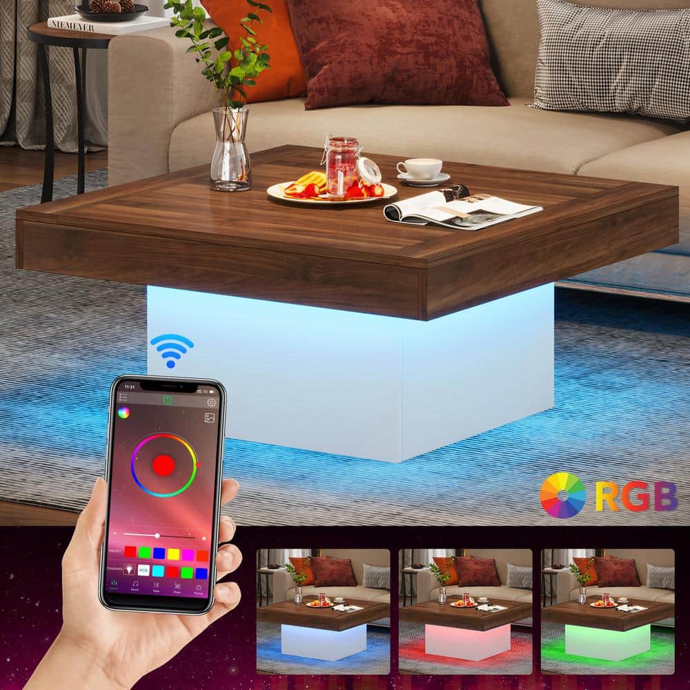 Square Brown and White LED Wood Coffee Table
