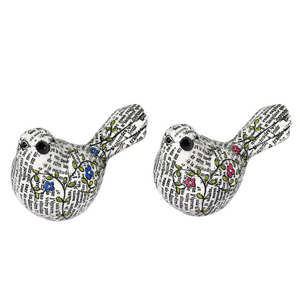 6.25 in. White Newspaper Flower Birds, Set of 2