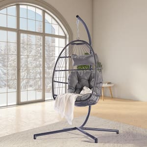Patio Wicker Porch Swing Chair Folding Hanging Outdoor Chair with Pillow and Stand