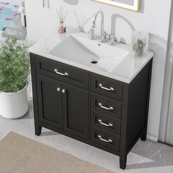 grossag 36 in. W x 18 in. D x 36 in. H Black Bath Vanity with Single Sink and White Ceramic Top, 3-Drawers